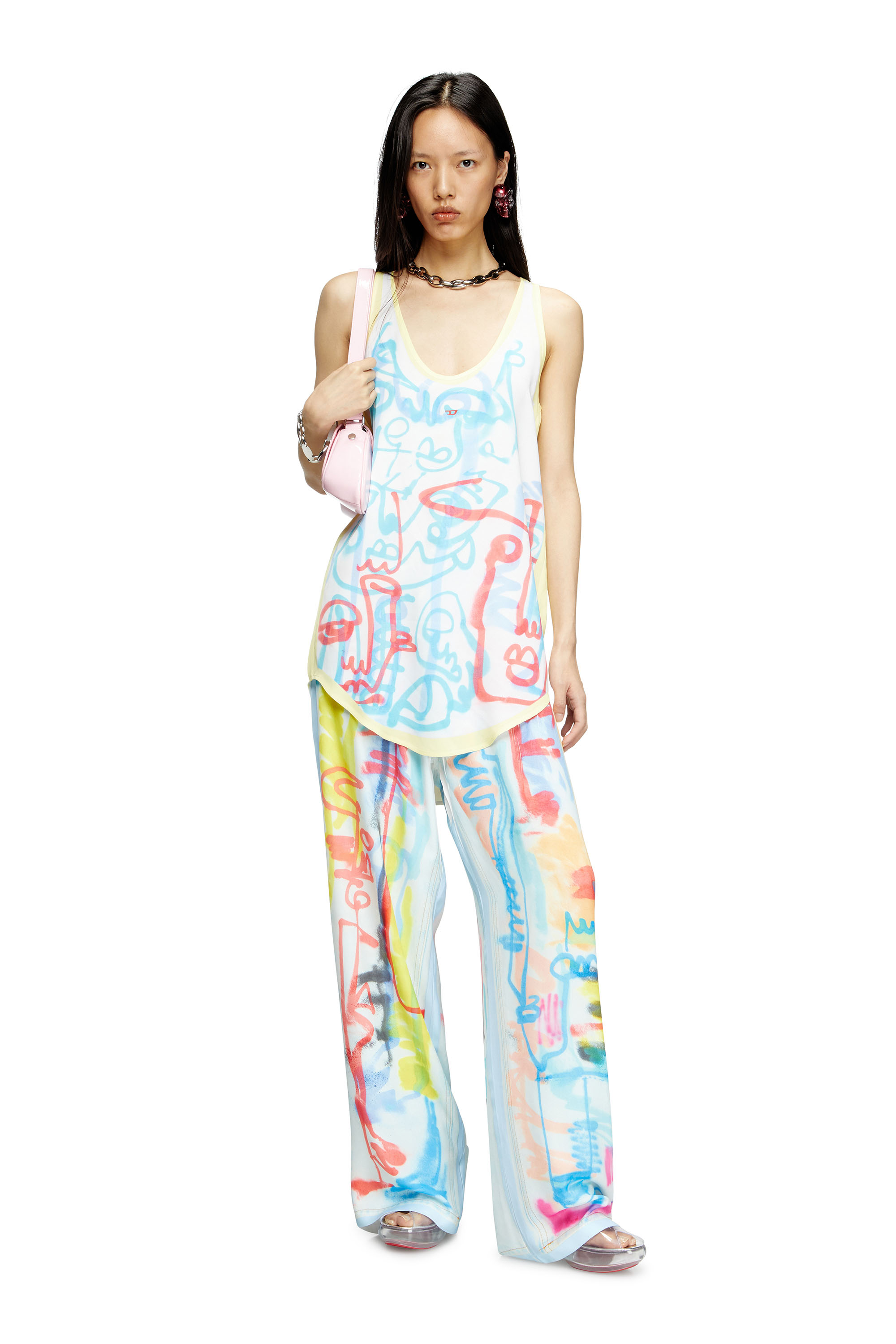 Diesel - D-LINZ-GRAFFITI-AFR, Woman's Satin tank top with graffiti print in White/Yellow - 2